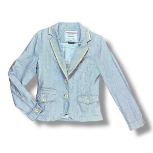 Anthropologie’s Cartionnier Pin Striped ‘Yellow Button’ Summer Blazer Sz 10